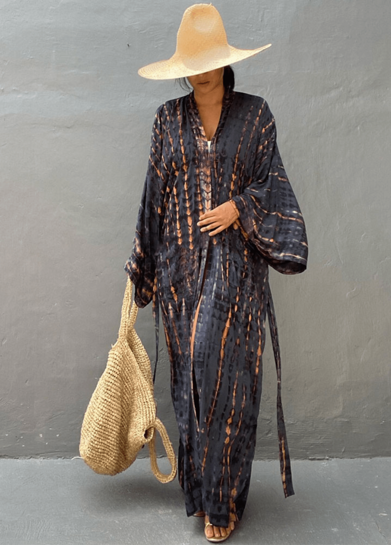 Kimono long anthracite à imprimé Tie Dye avec ceinture anthracite / unique