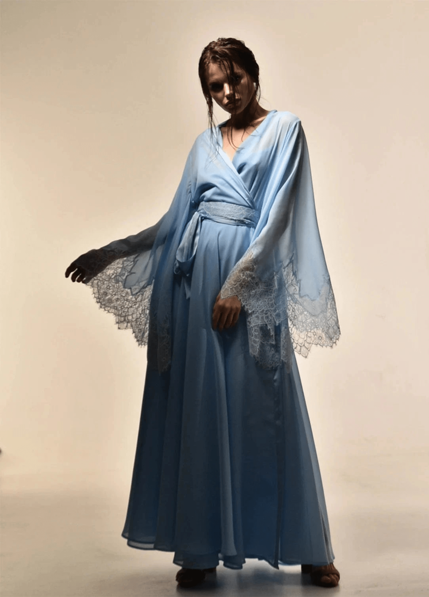READY Blue Chiffon Women's Nightwear Elegant Lace Trumpet Sleeve Dressing Gown Comfort Pajamas Housecoat Sleepwear Size Customized READY Blue Chiffon Women's Nightwear Elegant Lace Trumpet Sleeve Dressing Gown Comfort Pajamas Housecoat Sleepwear Size Customized