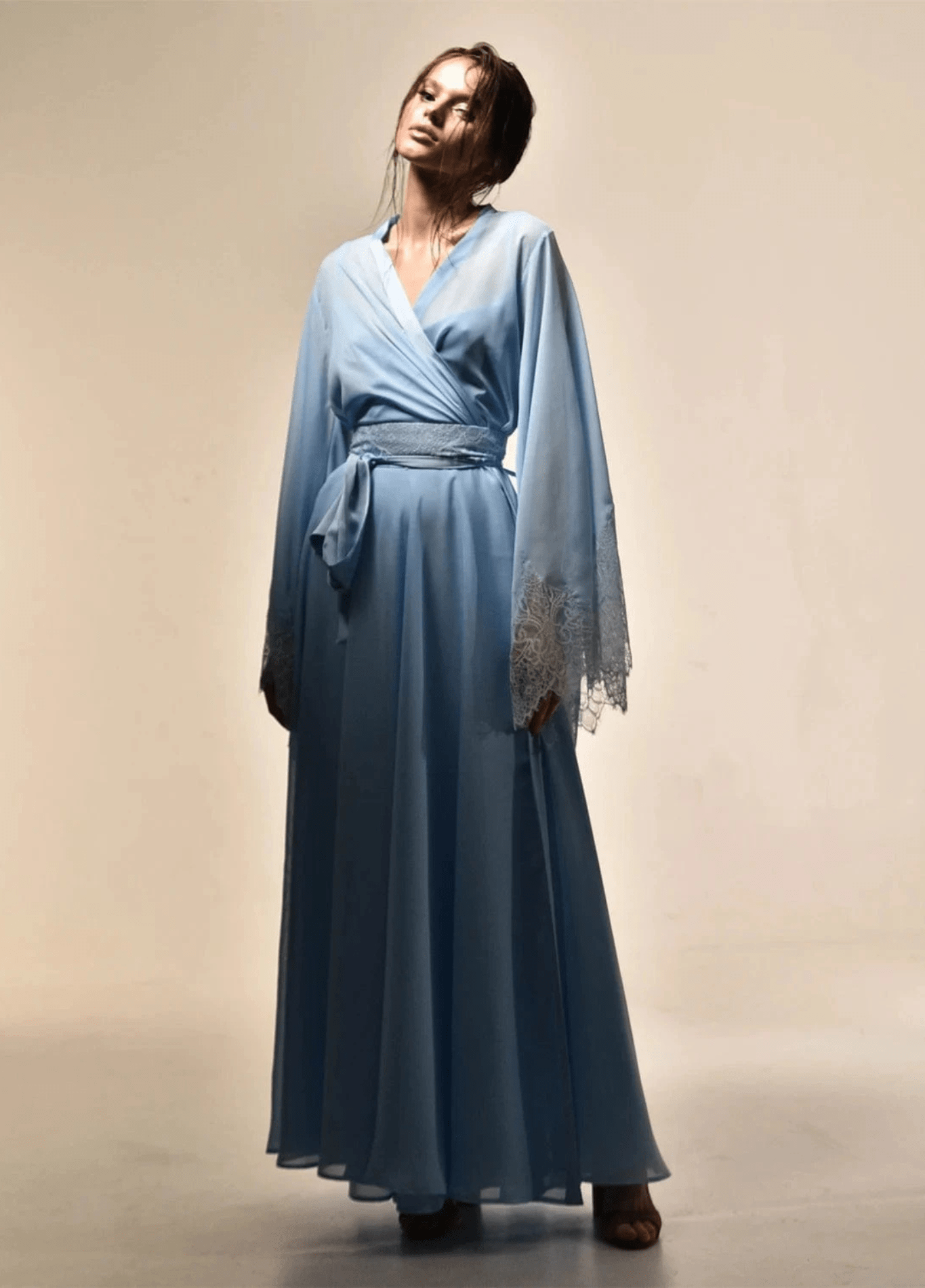 READY Blue Chiffon Women's Nightwear Elegant Lace Trumpet Sleeve Dressing Gown Comfort Pajamas Housecoat Sleepwear Size Customized READY Blue Chiffon Women's Nightwear Elegant Lace Trumpet Sleeve Dressing Gown Comfort Pajamas Housecoat Sleepwear Size Customized