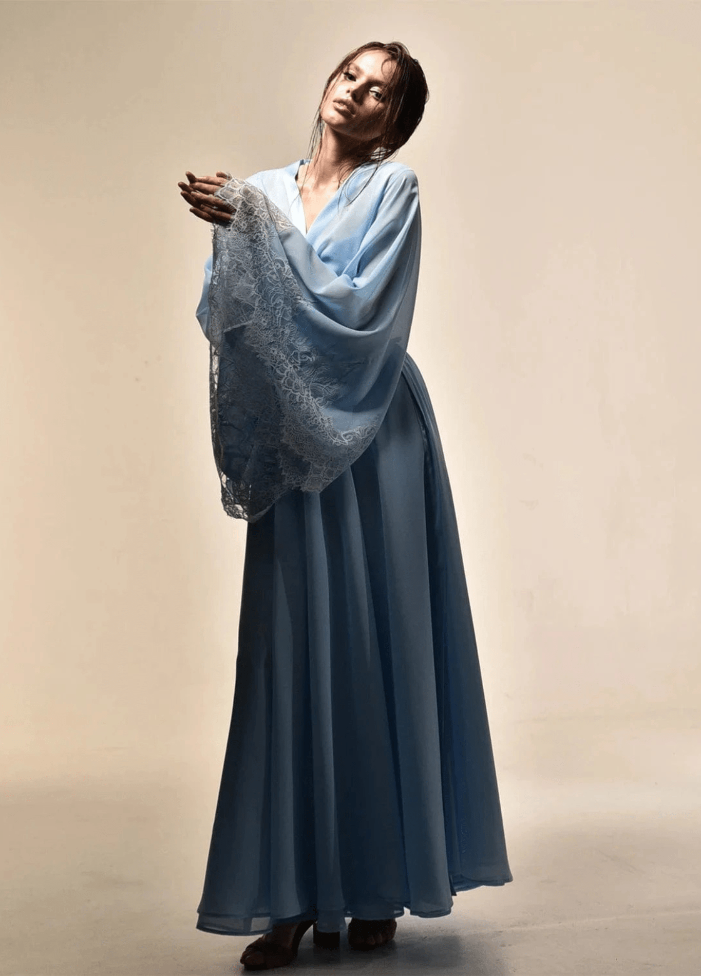 READY Blue Chiffon Women's Nightwear Elegant Lace Trumpet Sleeve Dressing Gown Comfort Pajamas Housecoat Sleepwear Size Customized READY Blue Chiffon Women's Nightwear Elegant Lace Trumpet Sleeve Dressing Gown Comfort Pajamas Housecoat Sleepwear Size Customized