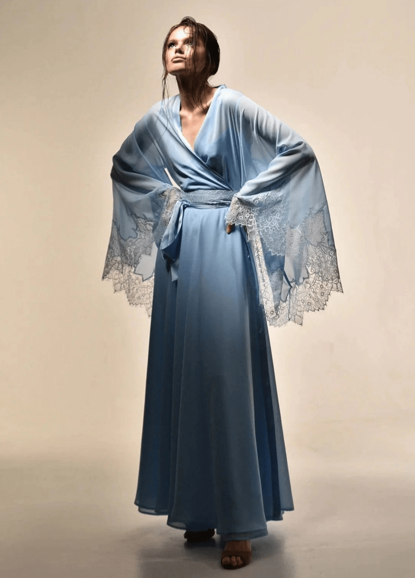 READY Blue Chiffon Women's Nightwear Elegant Lace Trumpet Sleeve Dressing Gown Comfort Pajamas Housecoat Sleepwear Size Customized READY Blue Chiffon Women's Nightwear Elegant Lace Trumpet Sleeve Dressing Gown Comfort Pajamas Housecoat Sleepwear Size Customized as the picture / CHINA / 4