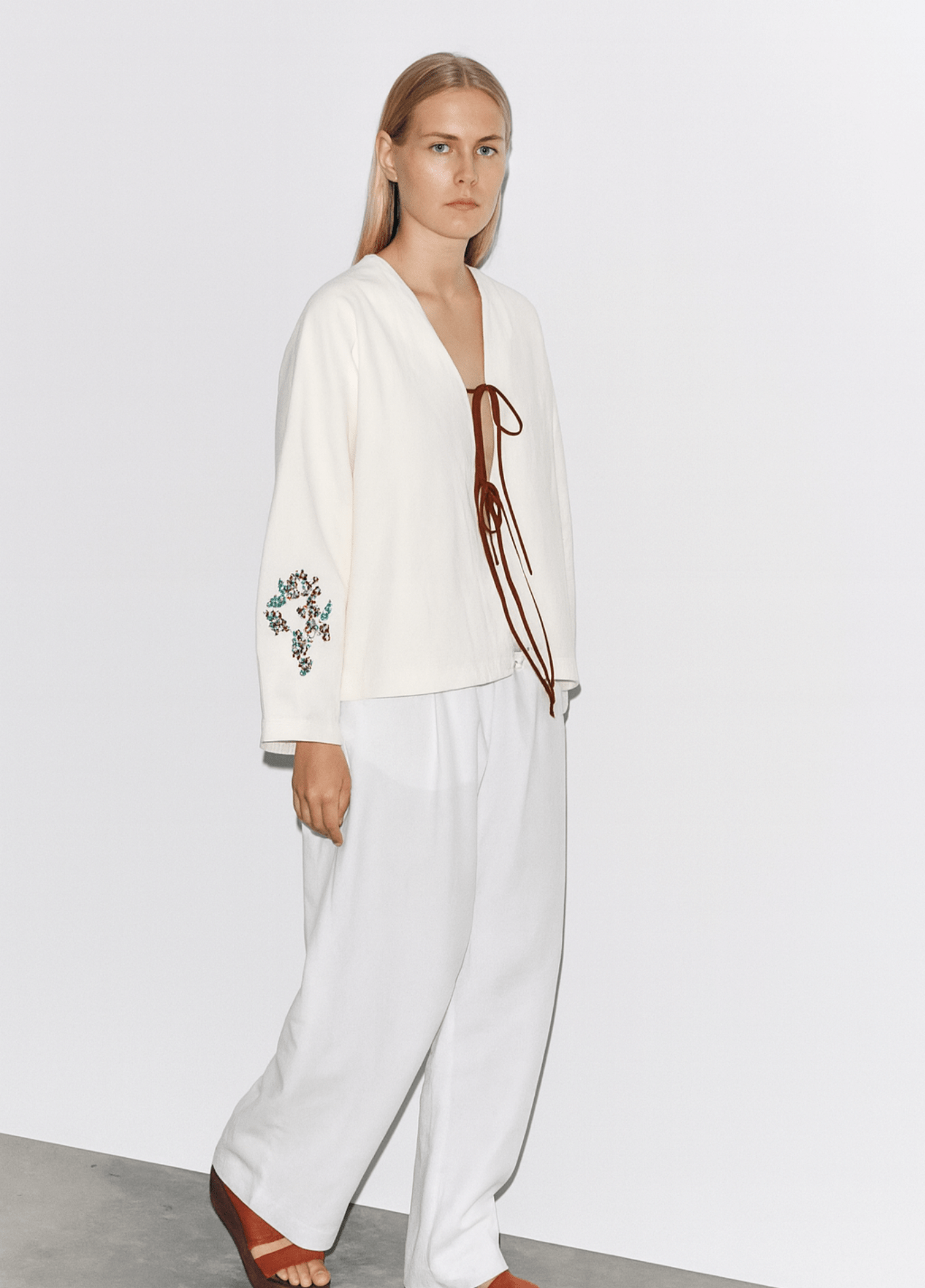 DONE 2025 BOHO Women Beige Embroidery Flower Cuff Long Sleeve Kimono Shirt Holiday V neck Lacing Up Tide Bow Cardigan Blouse Cape DONE 2025 BOHO Women Beige Embroidery Flower Cuff Long Sleeve Kimono Shirt Holiday V neck Lacing Up Tide Bow Cardigan Blouse Cape