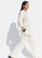 DONE Fashion Women's Shirt Pants Touser Set 2025 Summer Lace Up V-neck Long Sleeve Top Wide Leg Elastic Waist Trousers Lady Suit DONE Fashion Women's Shirt Pants Touser Set 2025 Summer Lace Up V-neck Long Sleeve Top Wide Leg Elastic Waist Trousers Lady Suit