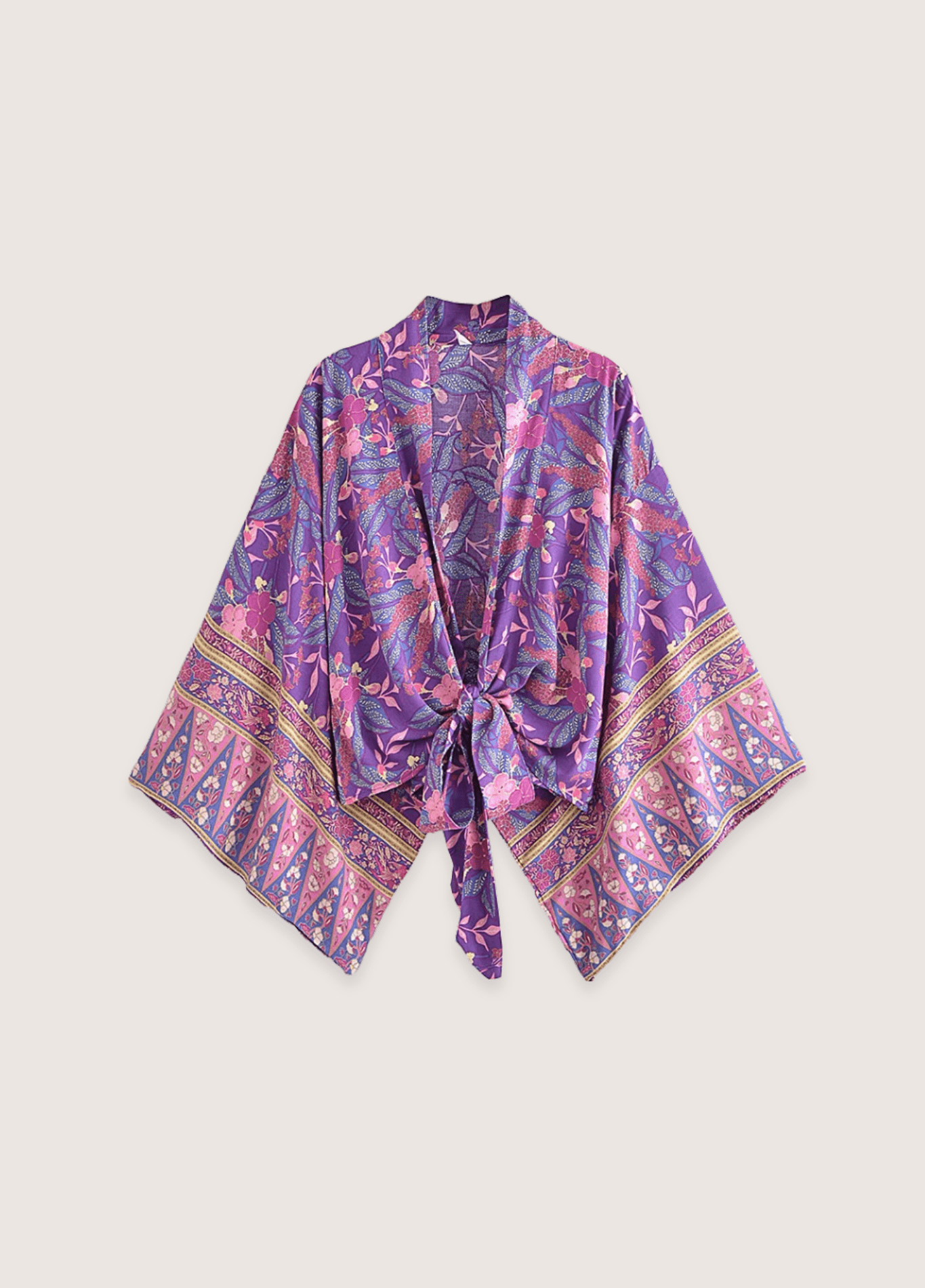DONE Happie Queens Floral Print Sashes Short  Kimono Women Fashion V Neck Batwing Sleeves Robe Lady Boho Bikini Cover-ups DONE Happie Queens Floral Print Sashes Short  Kimono Women Fashion V Neck Batwing Sleeves Robe Lady Boho Bikini Cover-ups purple / S