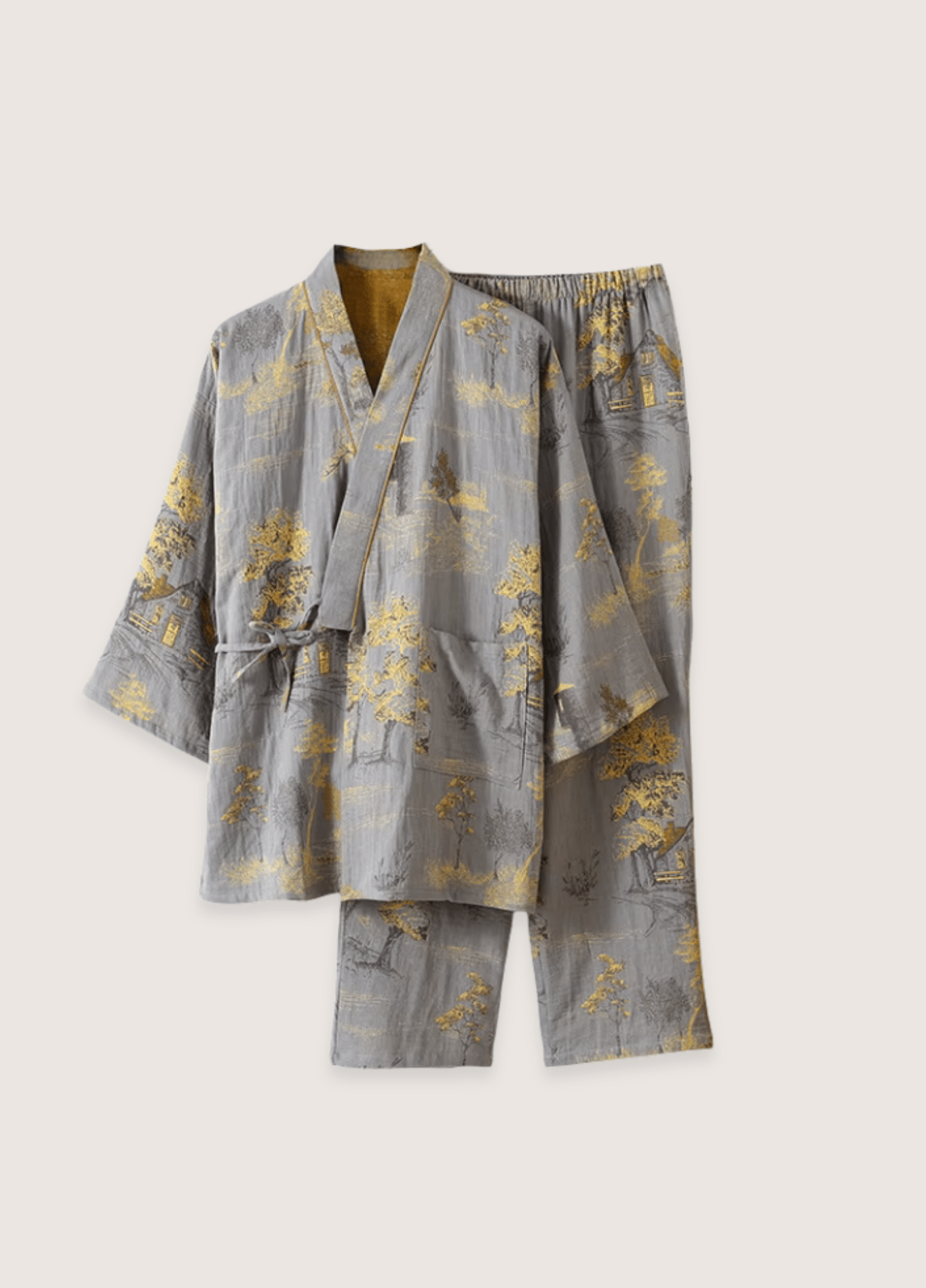 DONE Men's Roomwear Cotton Kimono Pajamas Robes for Spring Jacquard Printed Home Clothing Medium Length Oversized Breathable Bathrobe DONE Men's Roomwear Cotton Kimono Pajamas Robes for Spring Jacquard Printed Home Clothing Medium Length Oversized Breathable Bathrobe 2 pcs set-grey / L