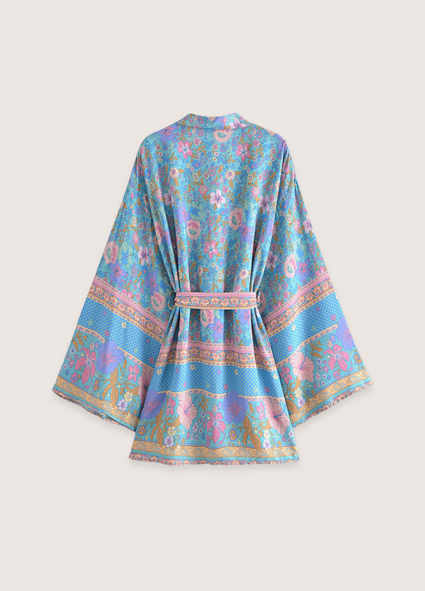 Kimono court fleuri bleu et rose