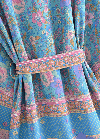 Kimono court fleuri bleu et rose