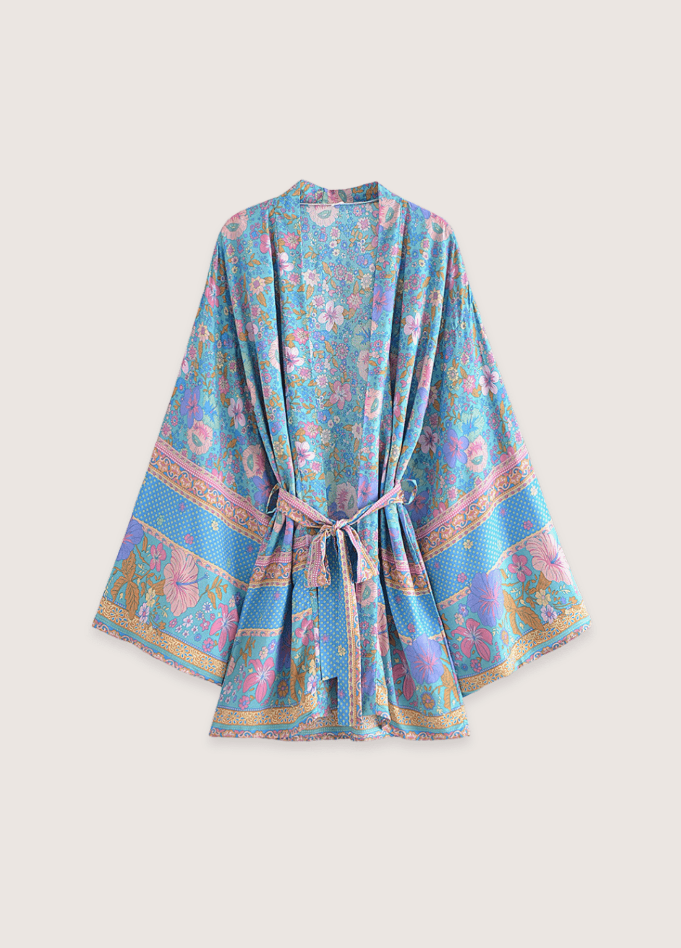 Kimono court fleuri bleu et rose bleu / S