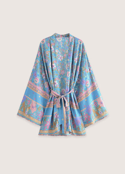 Kimono court fleuri bleu et rose bleu / S