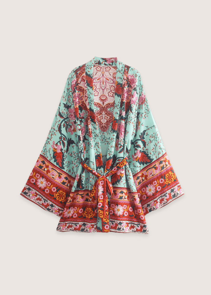 Kimono plage court floral bleu et rose