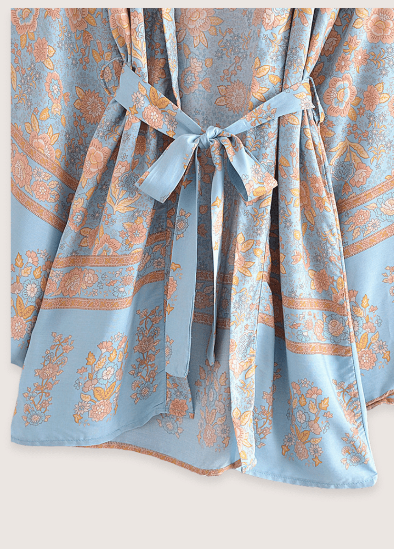 Kimono court fleuri bleu-gris et rosé