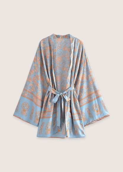 Kimono court fleuri bleu-gris et rosé bleu-gris / S