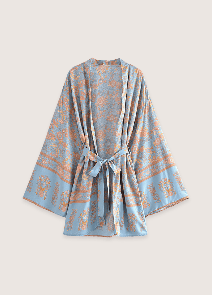 Kimono plage court fleuri bleu-gris et rosé