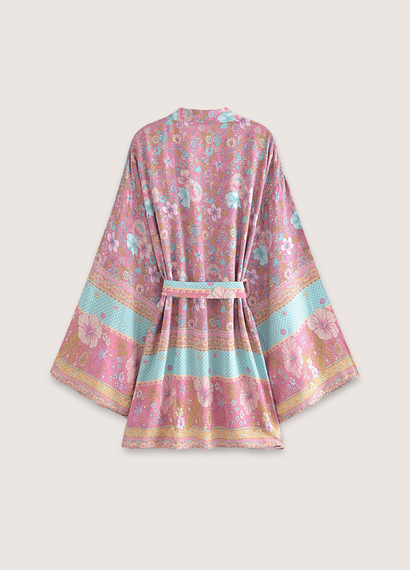 Kimono court fleuri rose et bleu