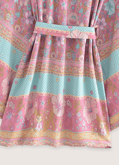 Kimono court fleuri rose et bleu