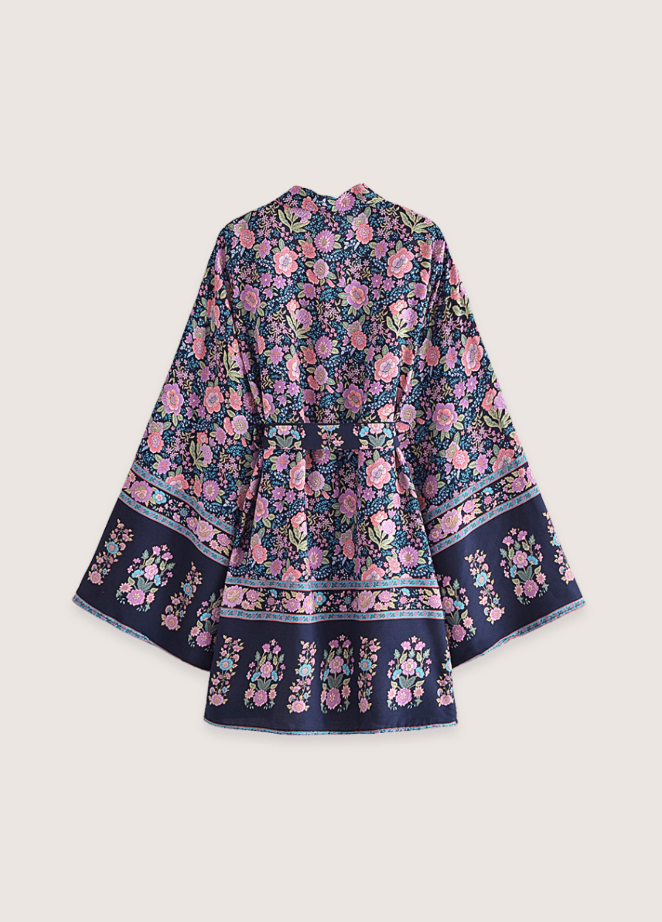 Kimono court fleuri rose et bleu nuit