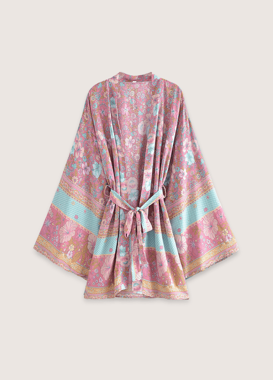 Kimono court fleuri rose et bleu rose / S