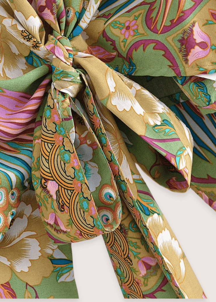 Kimono en coton imprimé perroquets prune, lilas, vert et saumon fabriqué en France