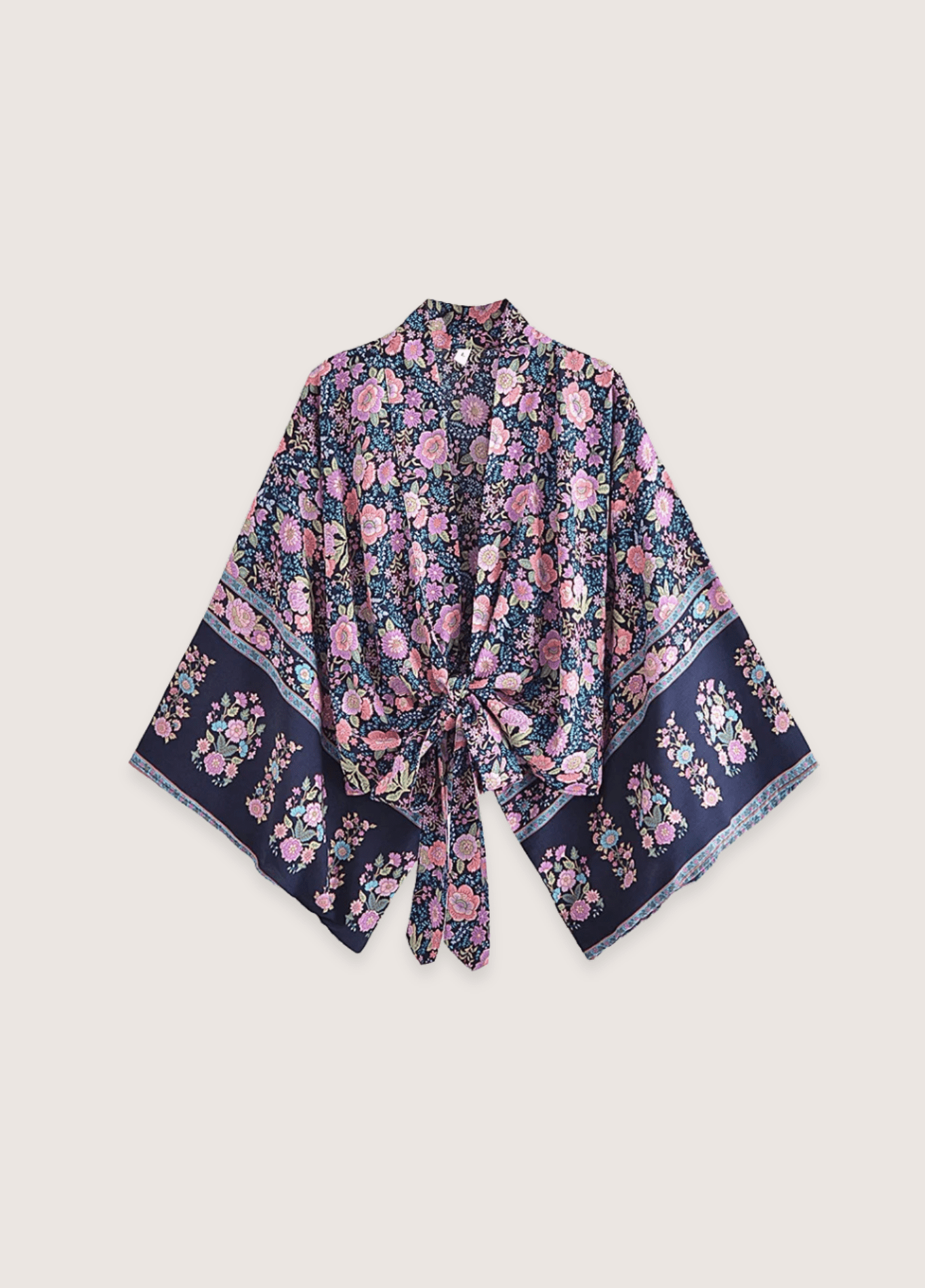 Kimono court plage fleuri rose et bleu nuit Kimono court plage fleuri rose et bleu nuit bleu / S