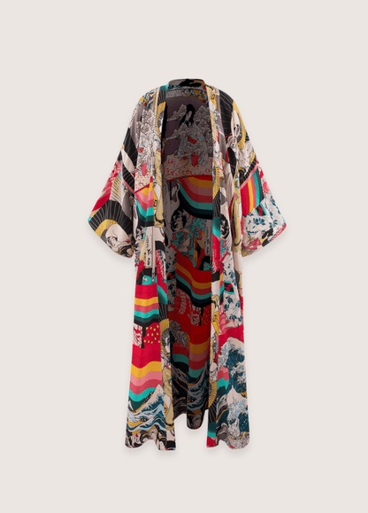 Kimono long à imprimé japonais multicolore / unique