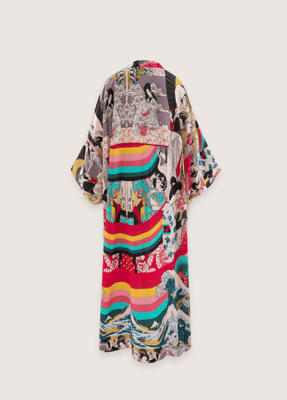 Kimono long à imprimé japonais multicolore / unique