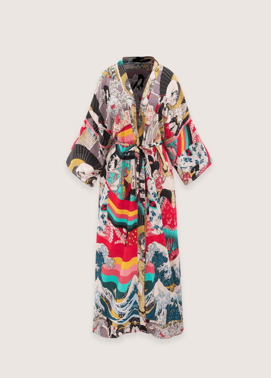 Kimono long à imprimé japonais multicolore / unique