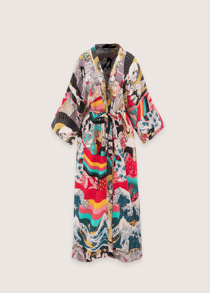 Kimono plage long à imprimé japonais