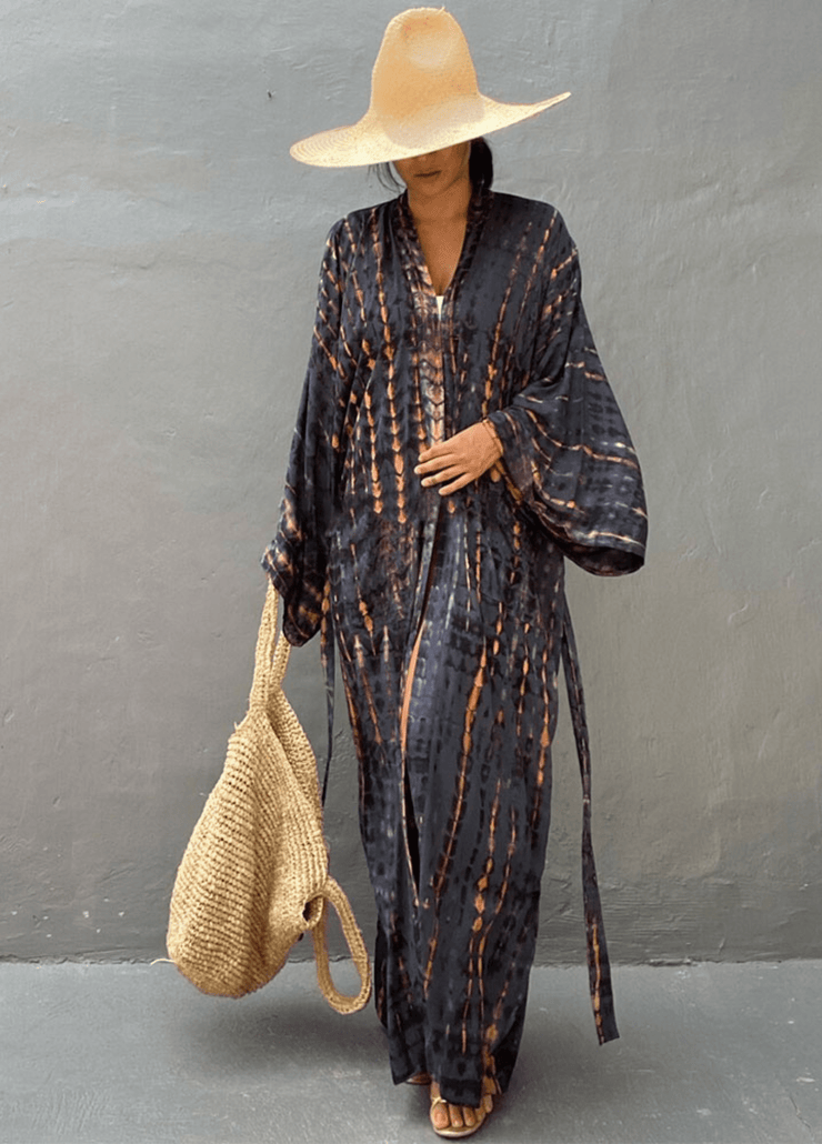 Kimono plage long anthracite à imprimé Tie Dye avec ceinture