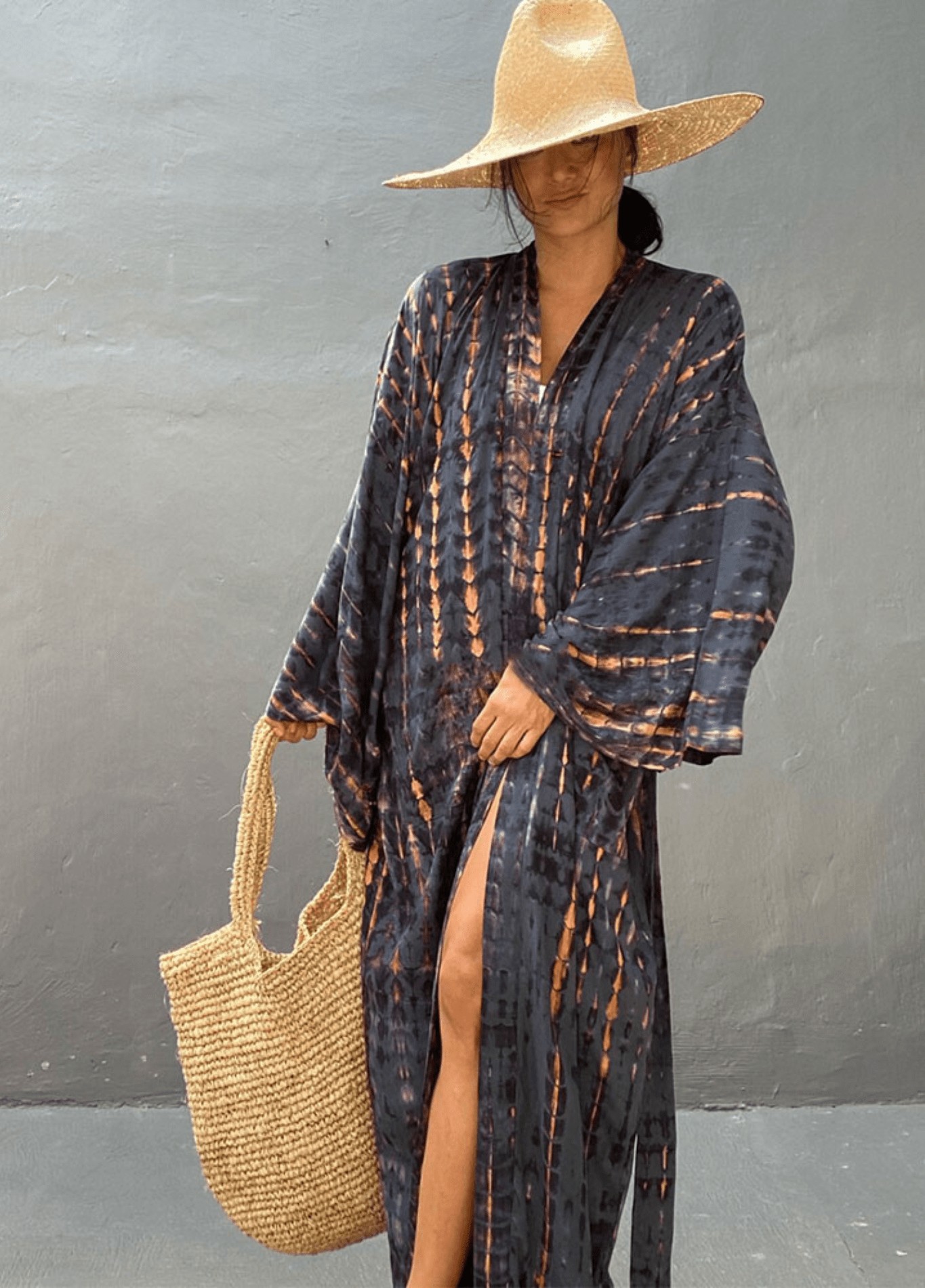 Kimono long anthracite à imprimé Tie Dye avec ceinture anthracite / unique