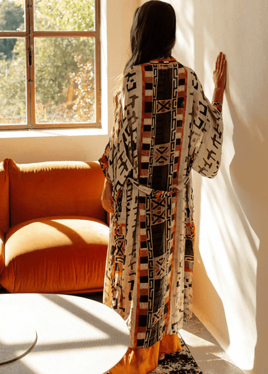 Kimono long beige gris à motif géométrique tribal beige / unique