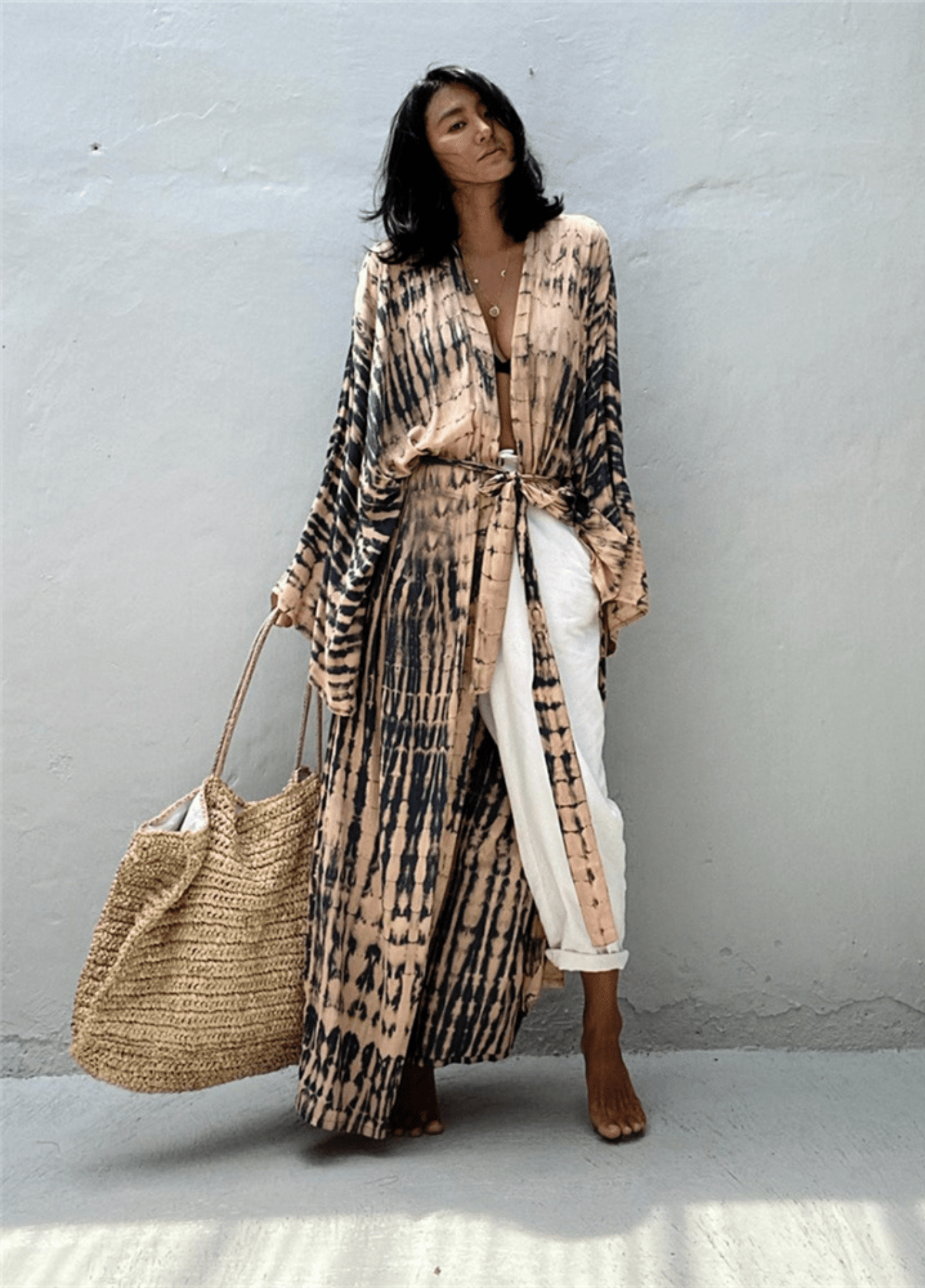 Kimono long beige rosé à imprimé Tie Dye avec ceinture beige / unique