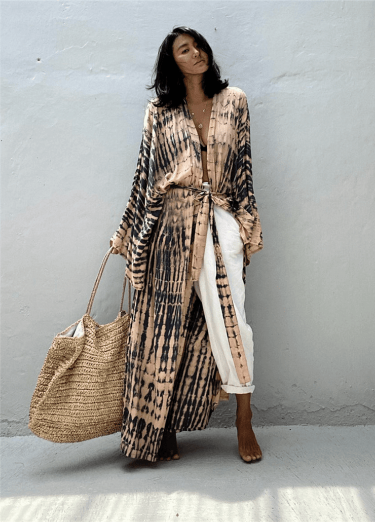 Kimono plage long beige rosé à imprimé Tie Dye avec ceinture