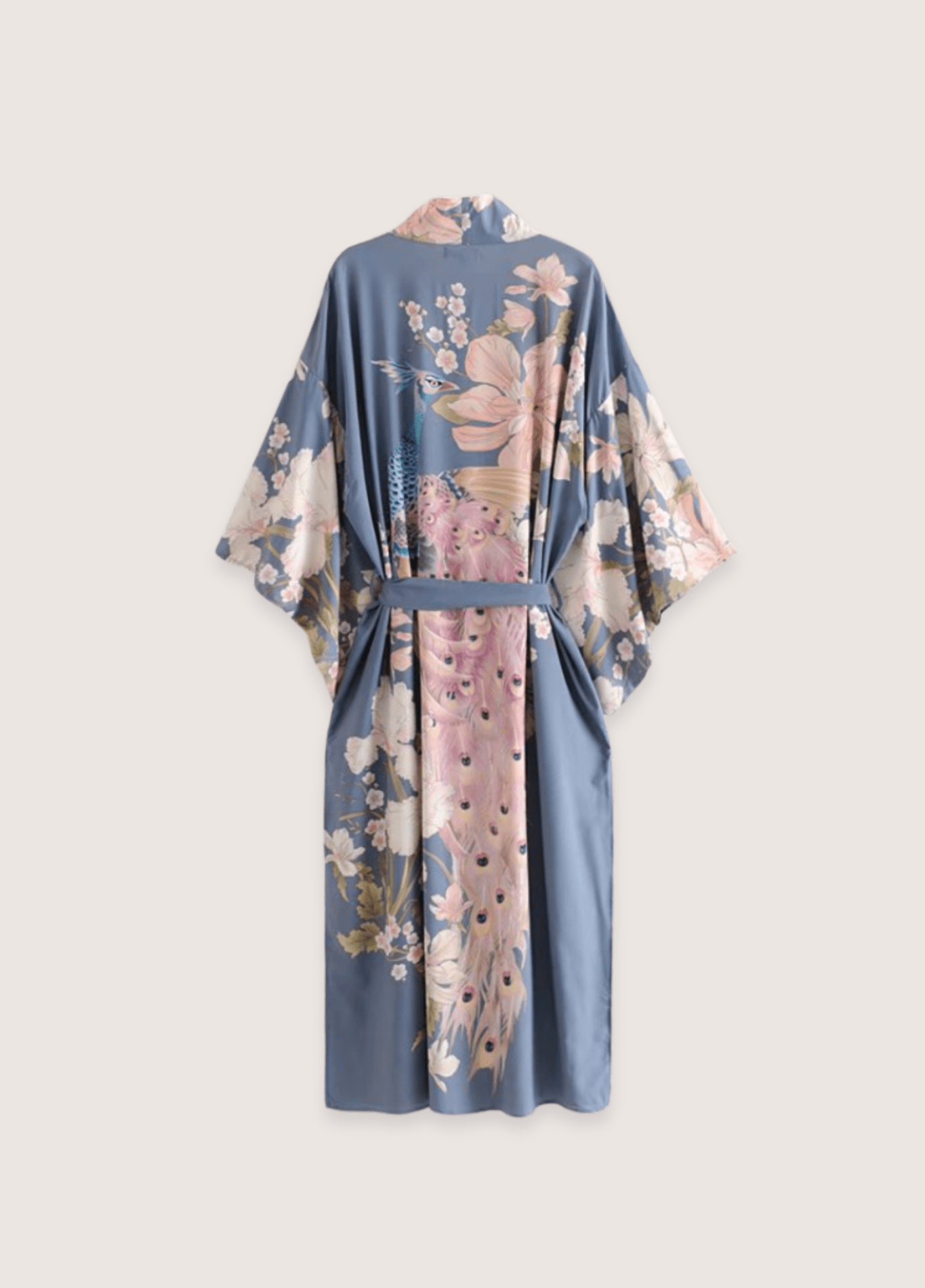 Kimono long bleu pâle à motif fleuri et paon