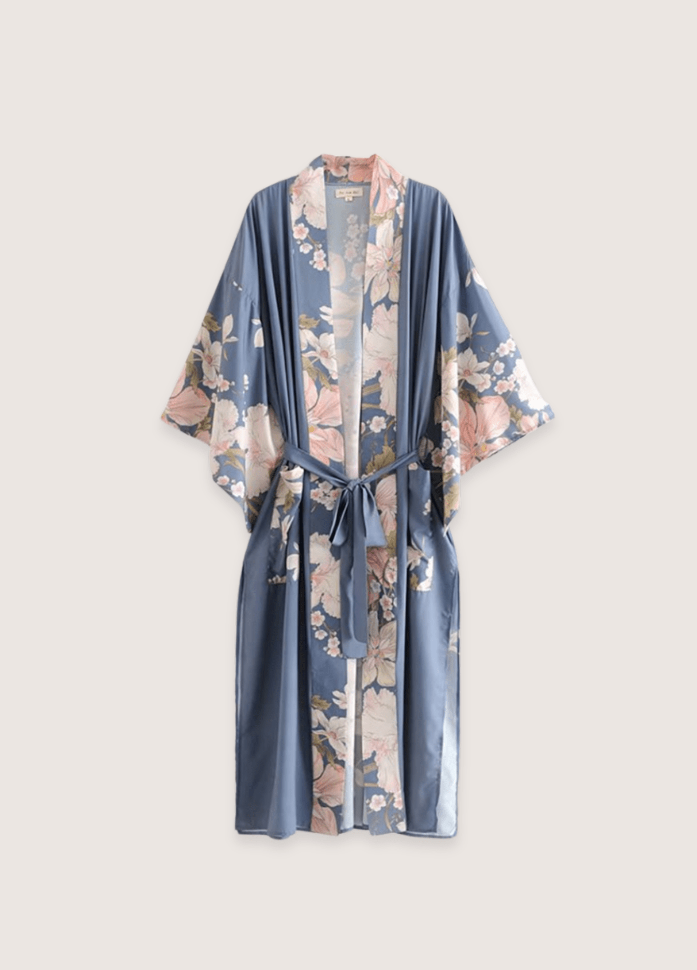 Kimono long bleu pâle à motif fleuri et paon bleu / S