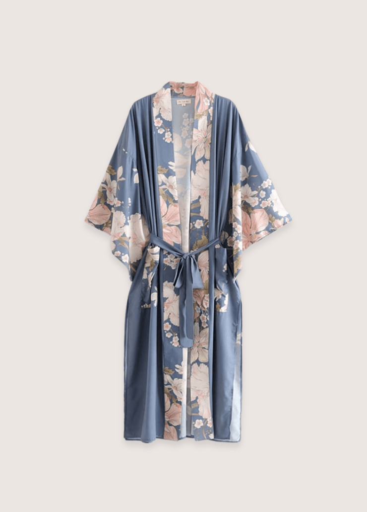 Kimono plage long bleu pâle à motif fleuri et paon