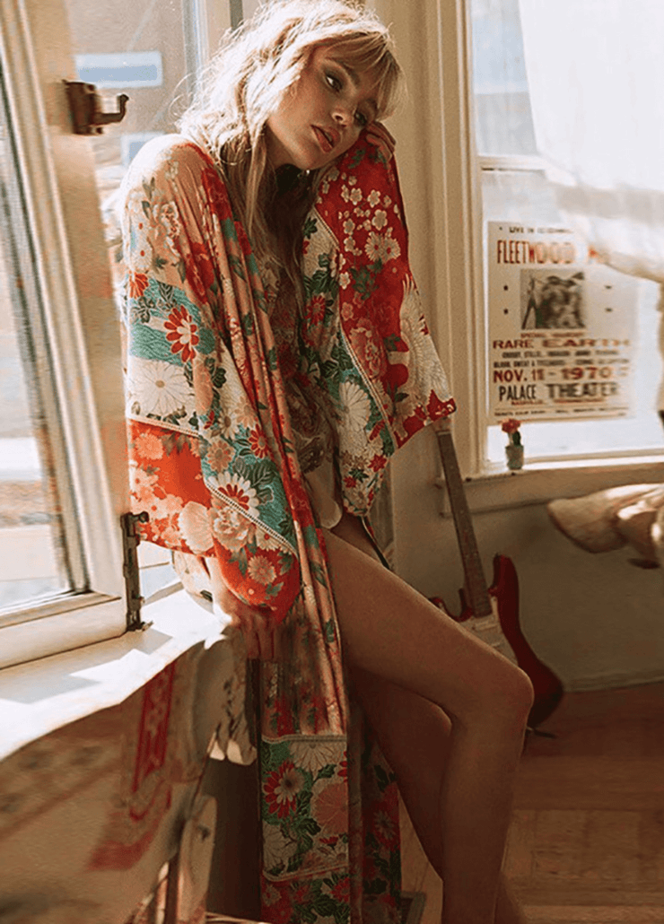 Kimono plage long cuivre à motif fleuri