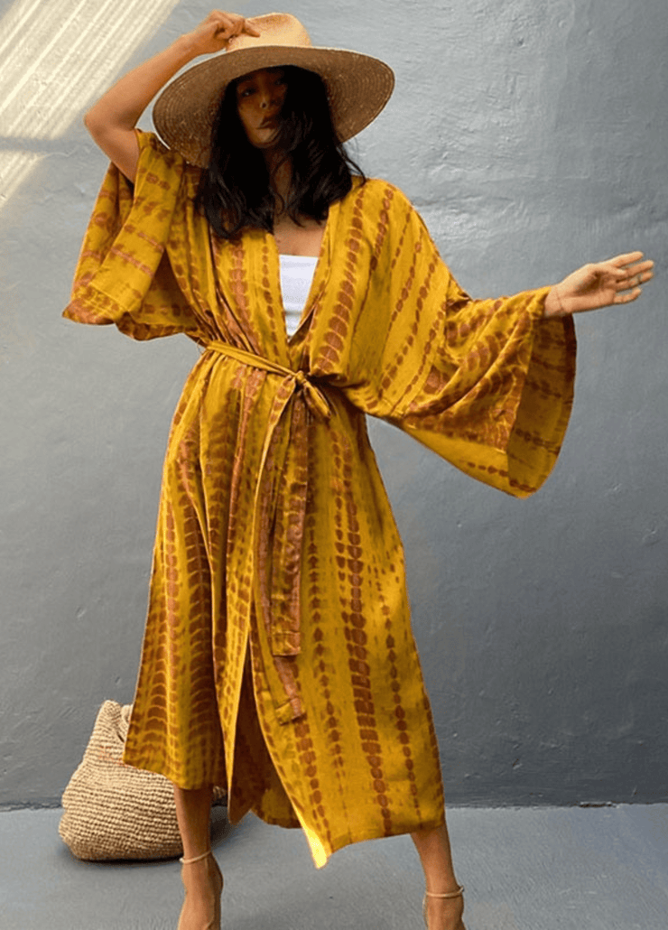 Kimono plage long jaune à imprimé Tie Dye avec ceinture