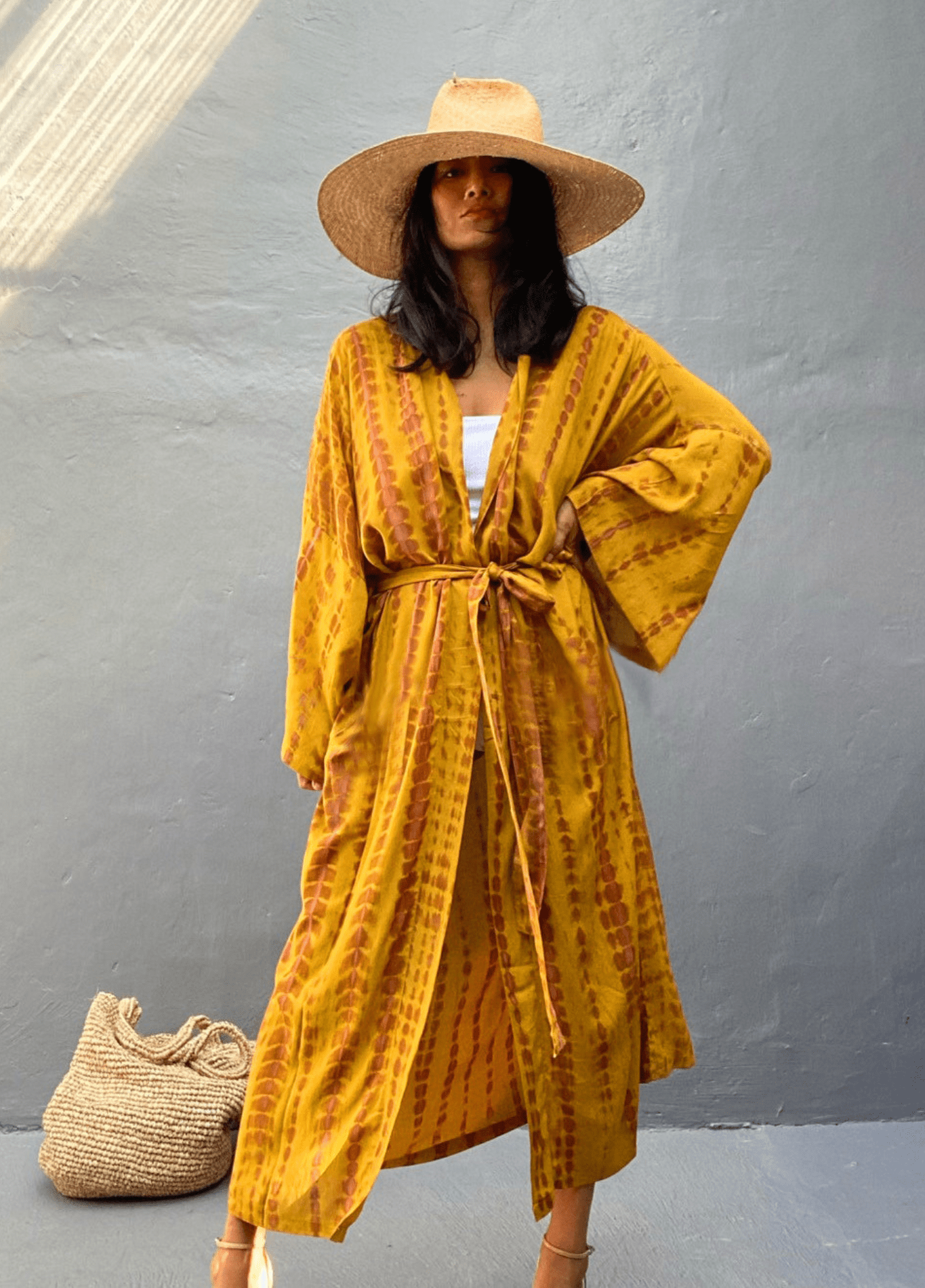 Kimono long jaune à imprimé Tie Dye avec ceinture jaune / unique