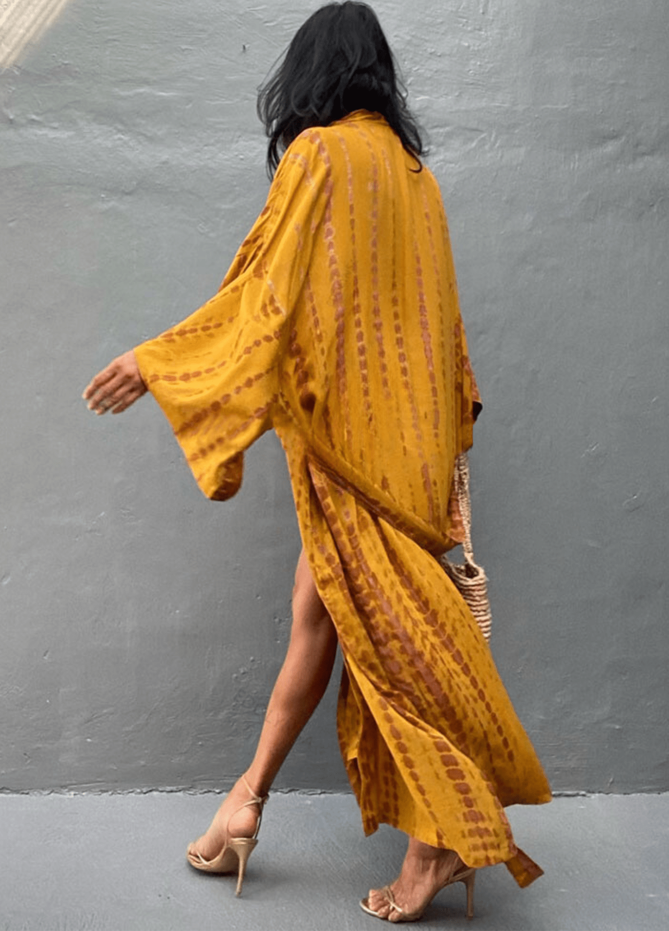 Kimono long jaune à imprimé Tie Dye avec ceinture jaune / unique