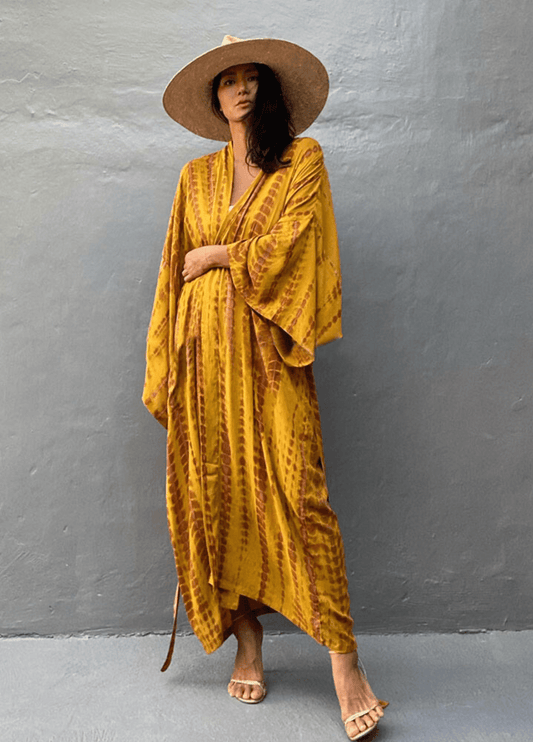 Kimono long jaune à imprimé Tie Dye avec ceinture jaune / unique