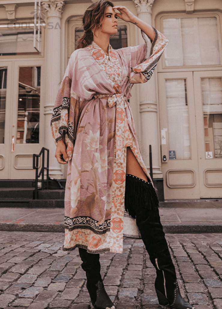 Kimono plage long Rose Bohème