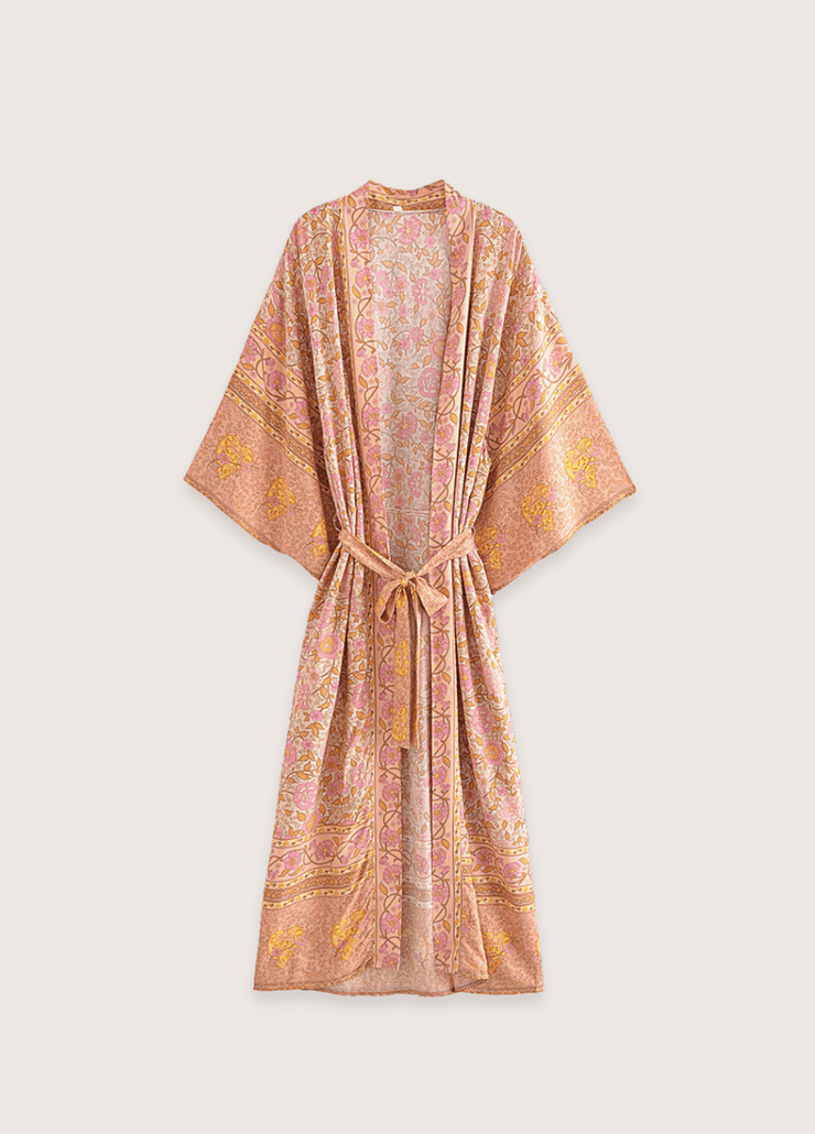 Kimono plage long rose saumon à motif fleuri