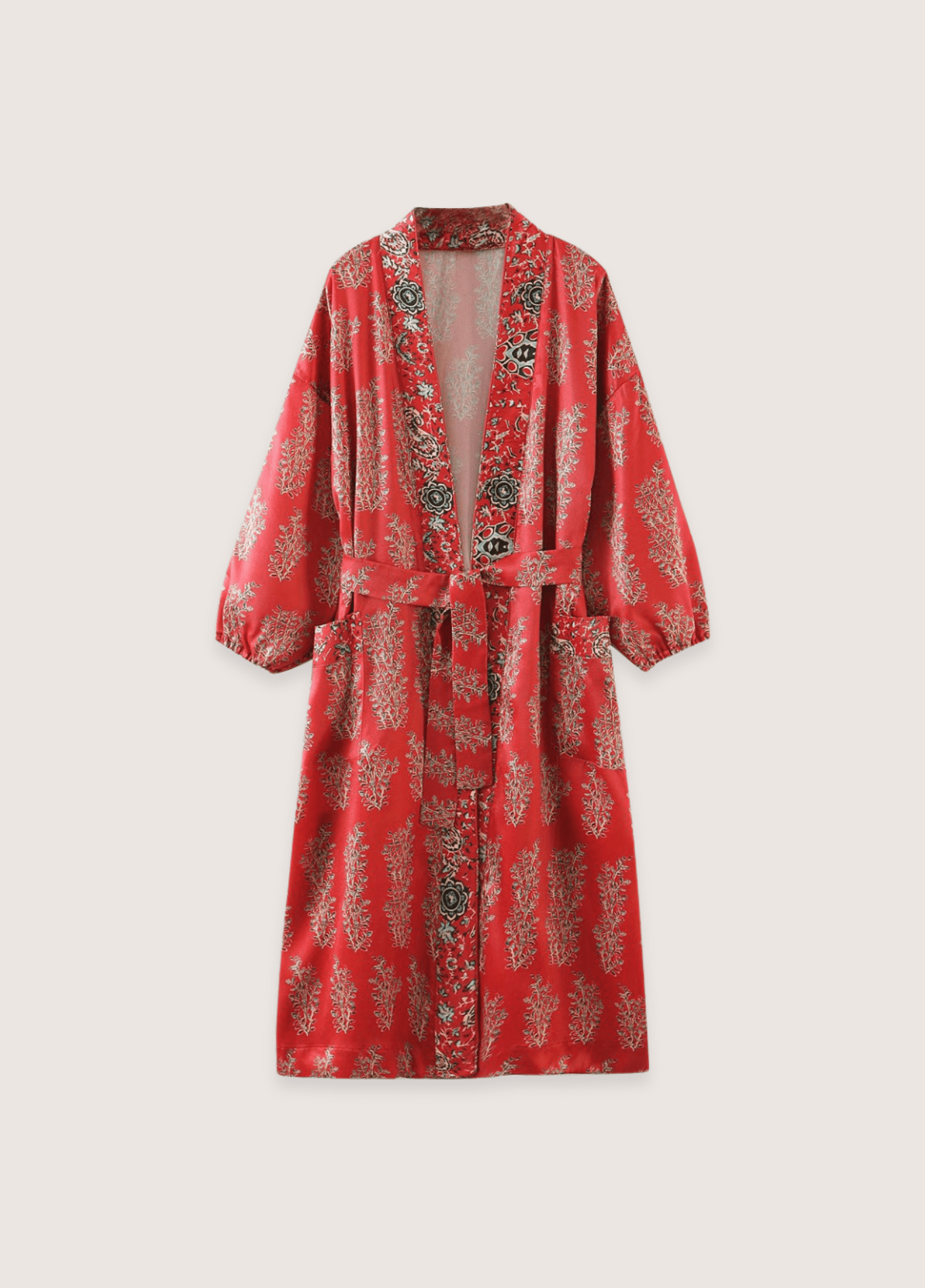 Kimono long rouge à motif fleuri rouge / S