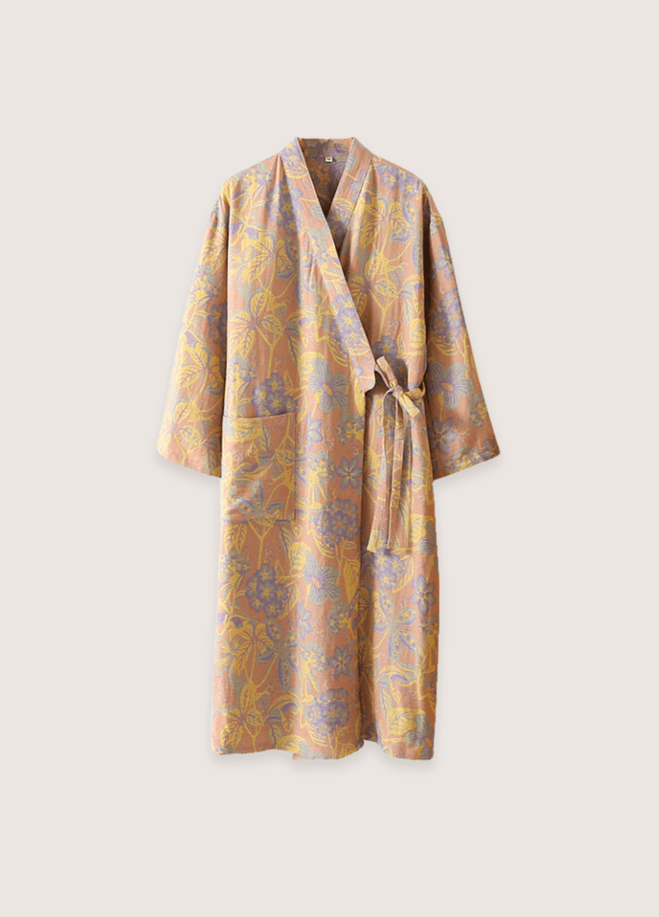 Peignoir kimono jaune fleuris femme