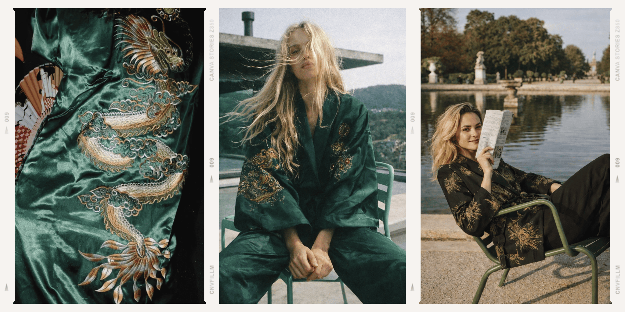 unKimono banner boutique en ligne de vetement kimono pour femme et homme_ femme portant une veste kimono verte. femme portant une veste kimono noir avec des motif or assise sur une chaise dans un jardin parisien. une manche de veste kimono verte avec une broderie japonaise.