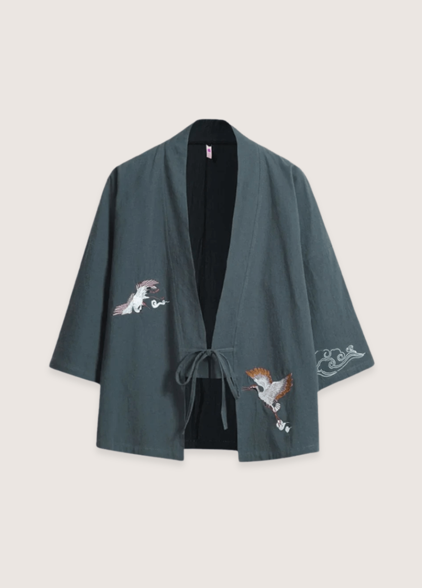 Veste kimono bleu gris en lin | Les deux grues bleu gris / M     47 to 56kg