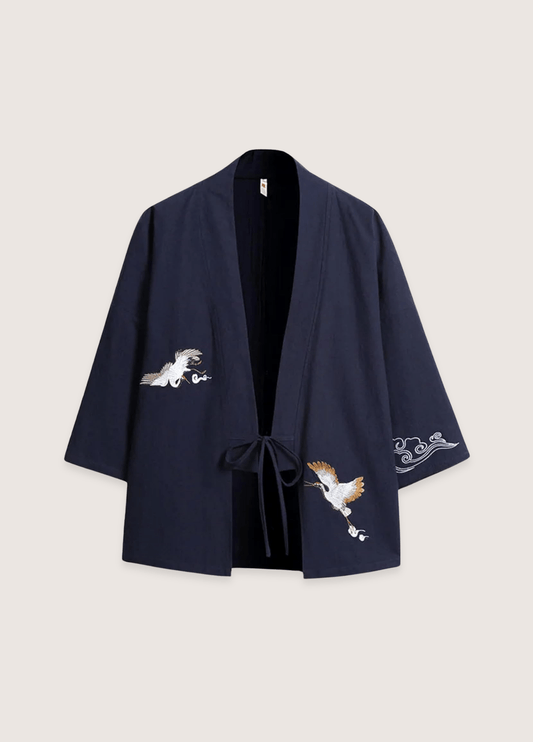 Veste kimono bleu marine en lin | Les deux grues bleu marine / M     47 to 56kg