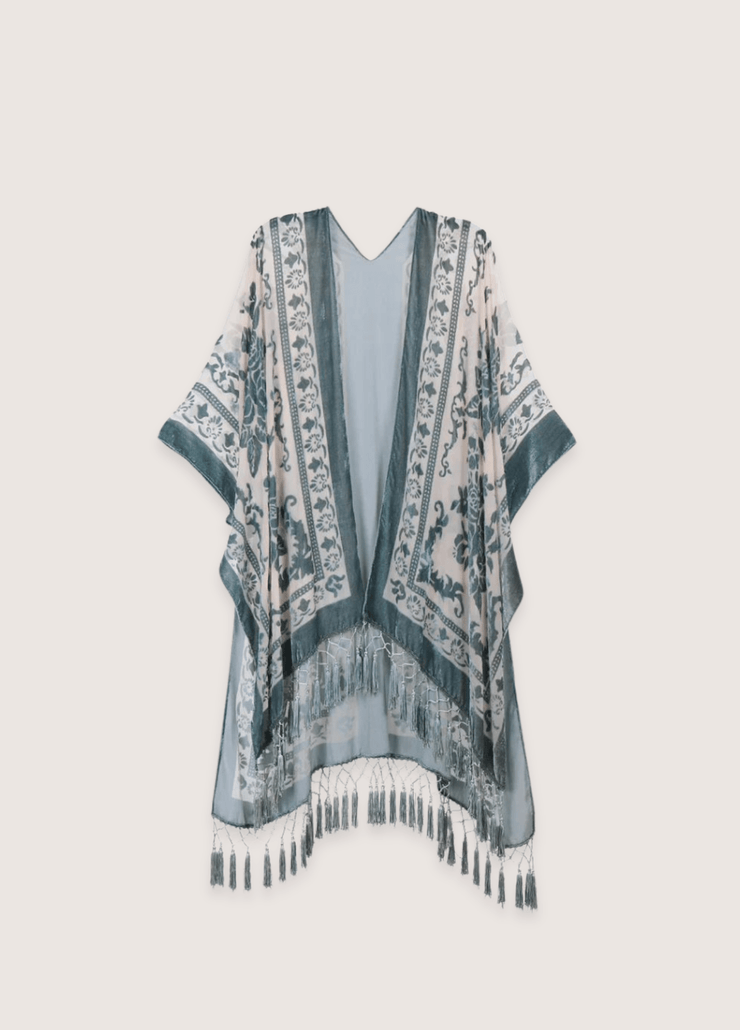 Veste kimono femme crème et bleu gris