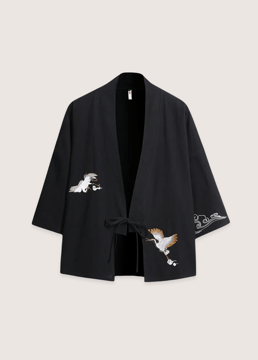 Veste kimono noir en lin | Les deux grues noir / M     47 to 56kg