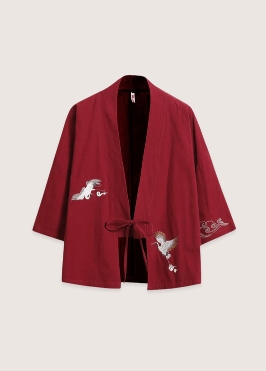 Veste kimono rouge en lin | Les deux grues rouge / M     47 to 56kg